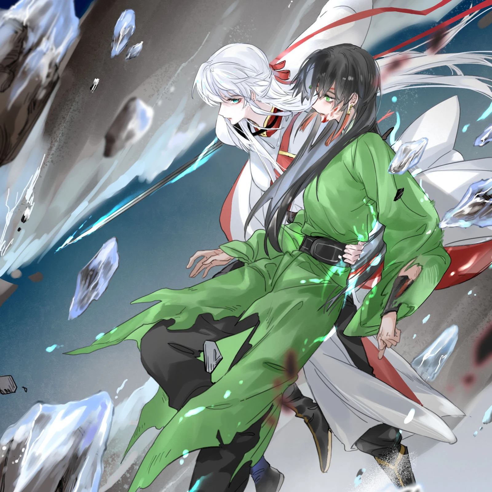 Have No Fear, Shijie’s Here!: Ji Linxue carries Lan Qinghe through the air above shattered rock