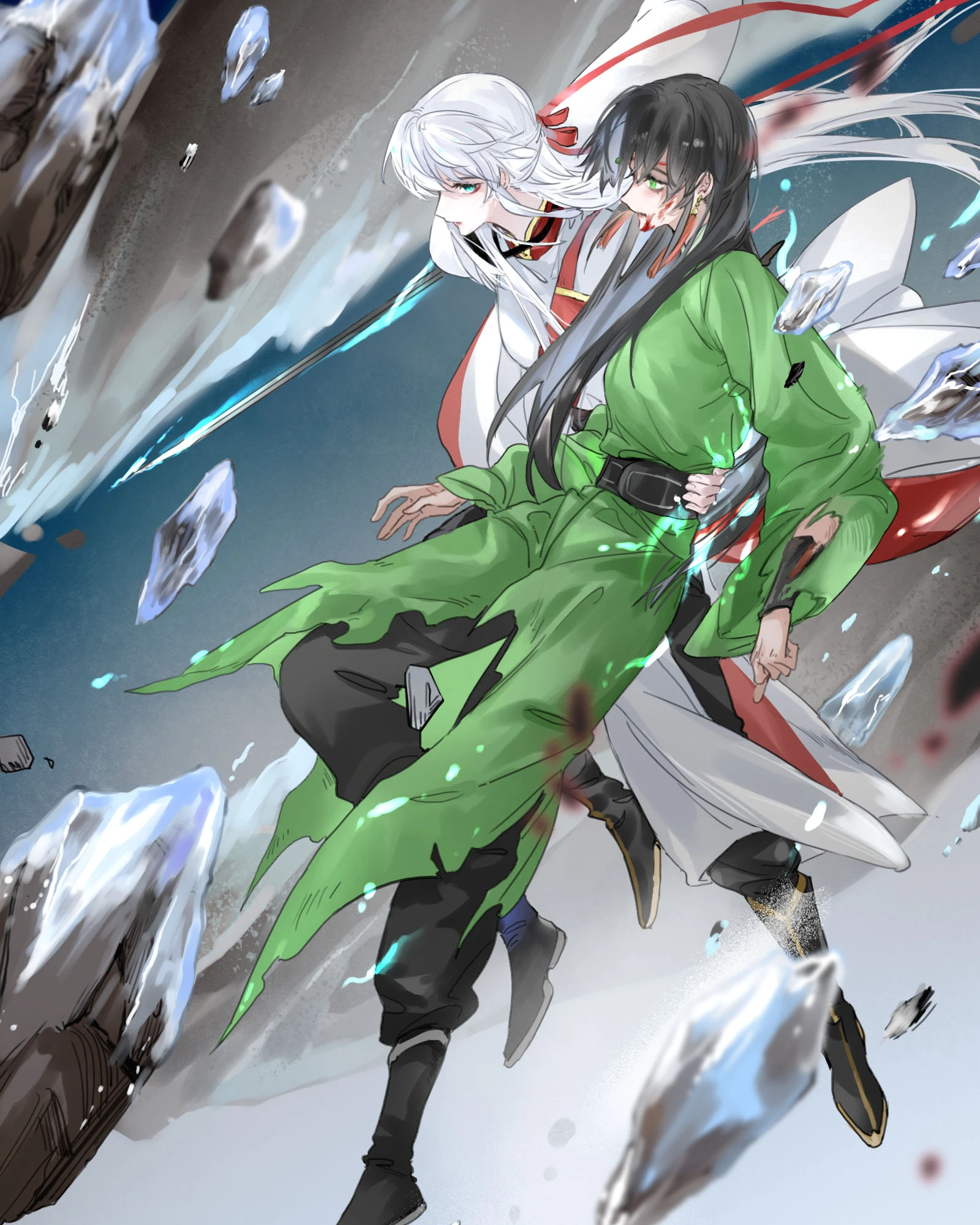 Ji Linxue carries Lan Qinghe through flying rock