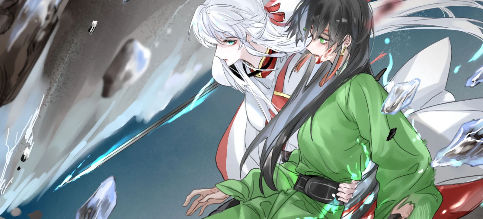 Have No Fear, Shijie’s Here!: Ji Linxue carries Lan Qinghe through the air above shattered rock