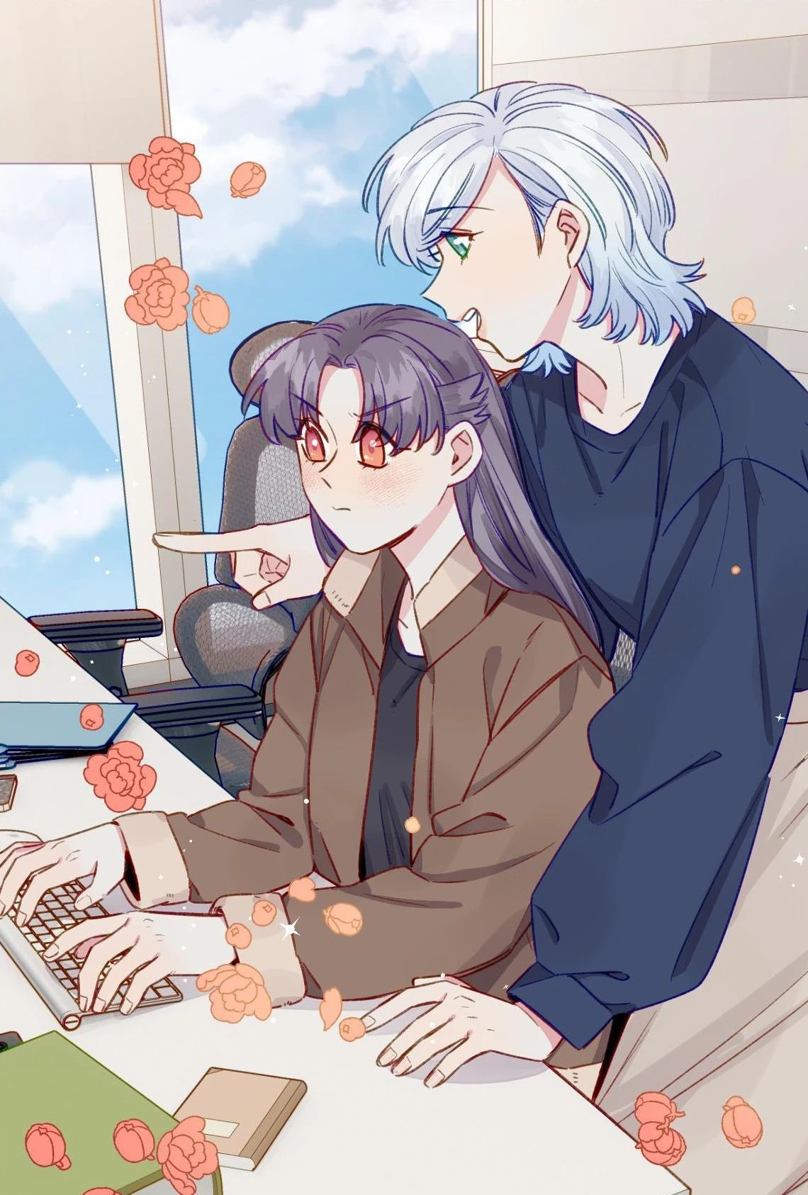 Zhou Yuanyou leans over Zhan Ying’s desk while she types, Ch. 63 of Straight Girl Trap