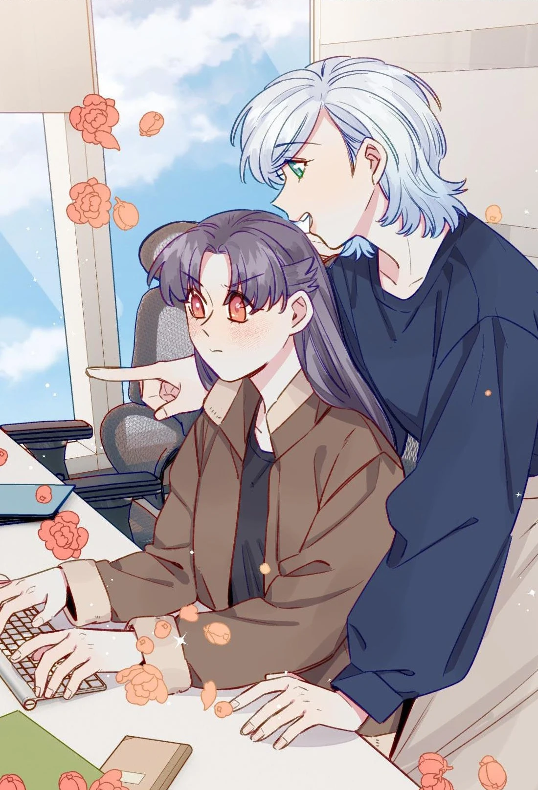 Zhou Yuanyou leans over Zhan Ying’s desk while she types, petals drifting past