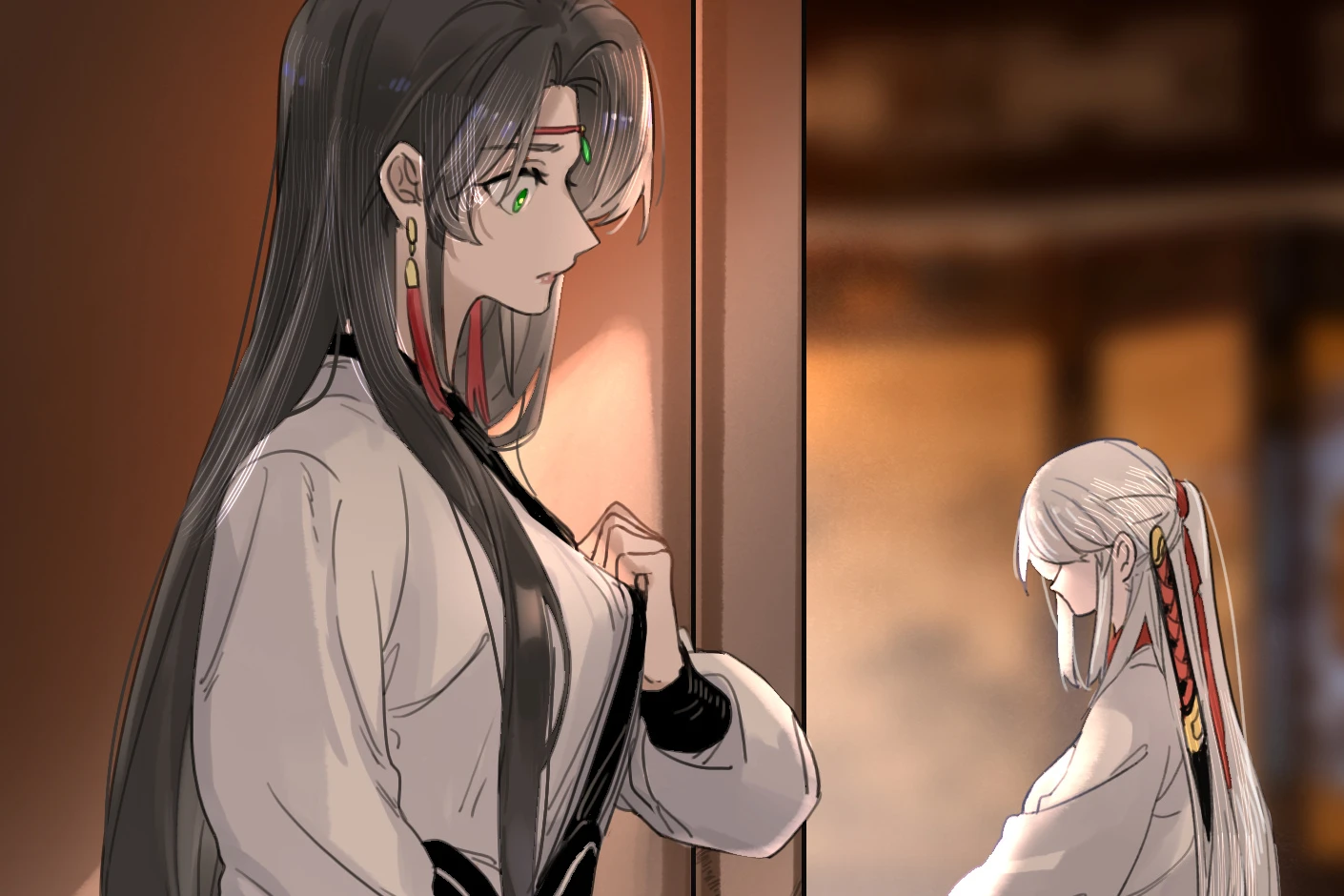 Lan Qinghe looks back from the doorway at Ji Linxue in lamplight