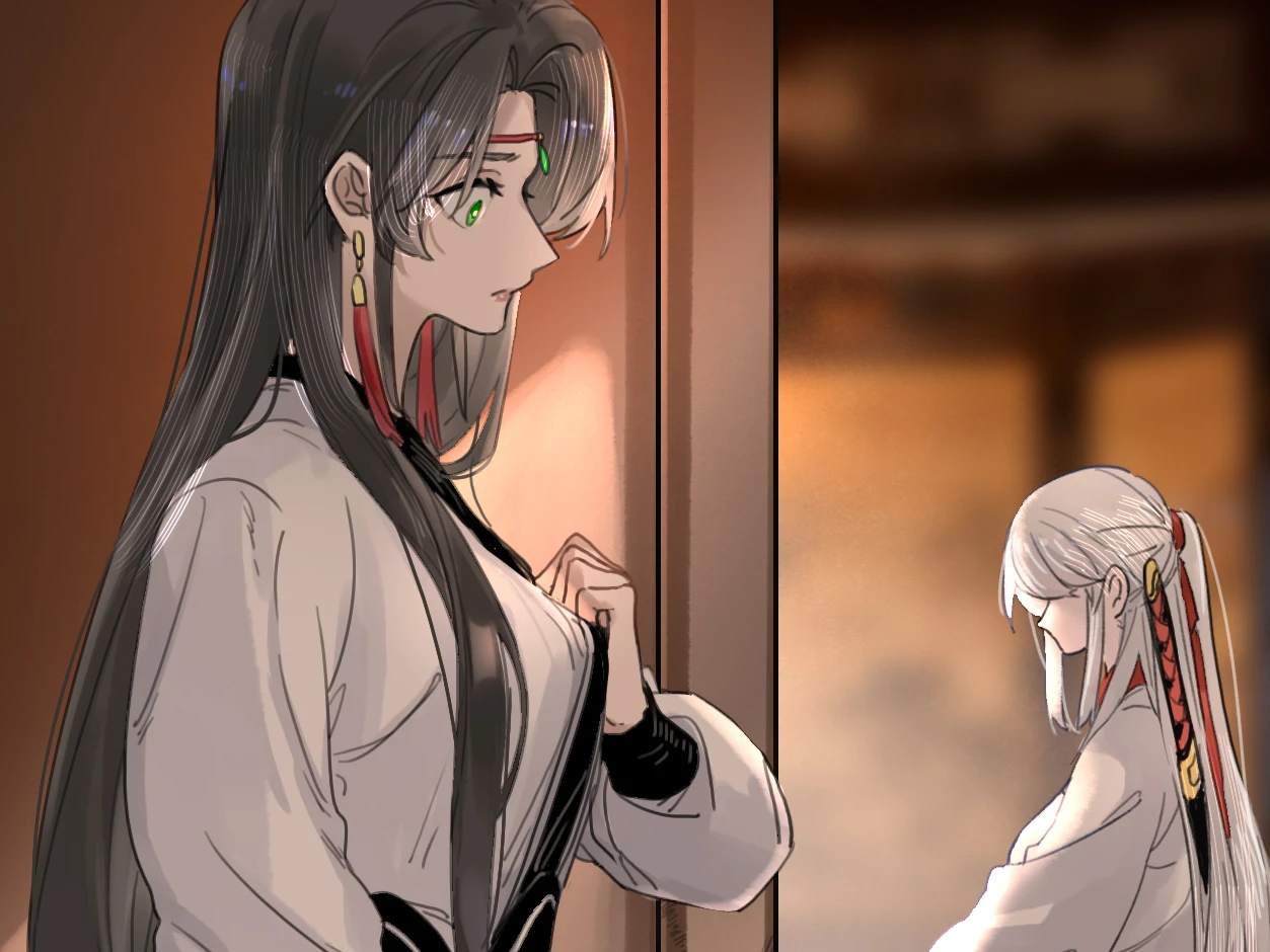 Have No Fear, Shijie’s Here!: One stands in a warmly lit doorway, looking in at the other