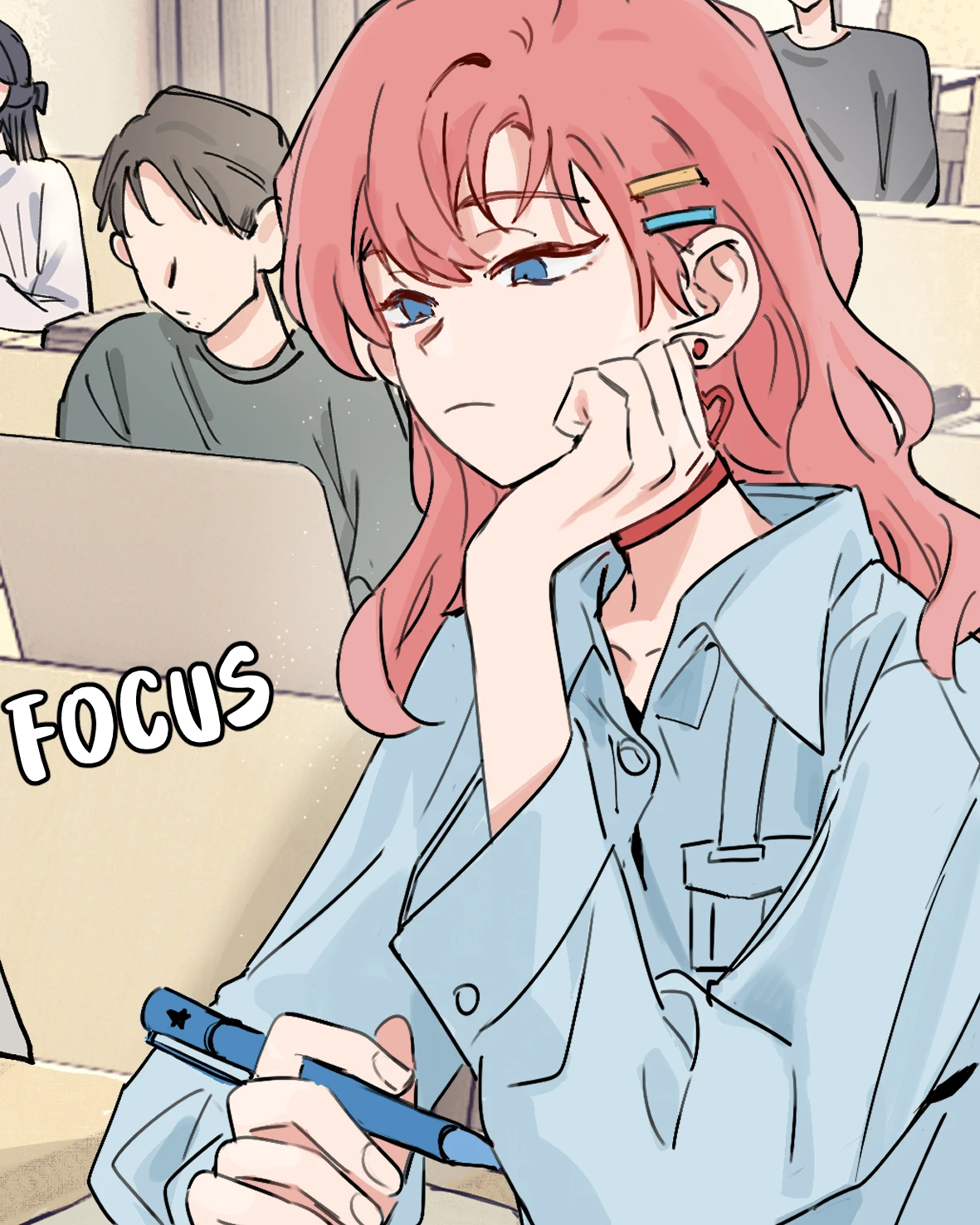 Tongtong rests her chin on her hand in a lecture hall, pen in hand, I Got Blackmailed by the Green Tea Bitch in Class Chapter 38