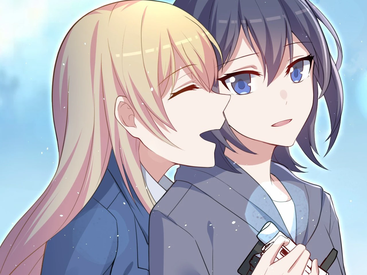 Xinghuo whispering to Gu An, who holds the DV camera