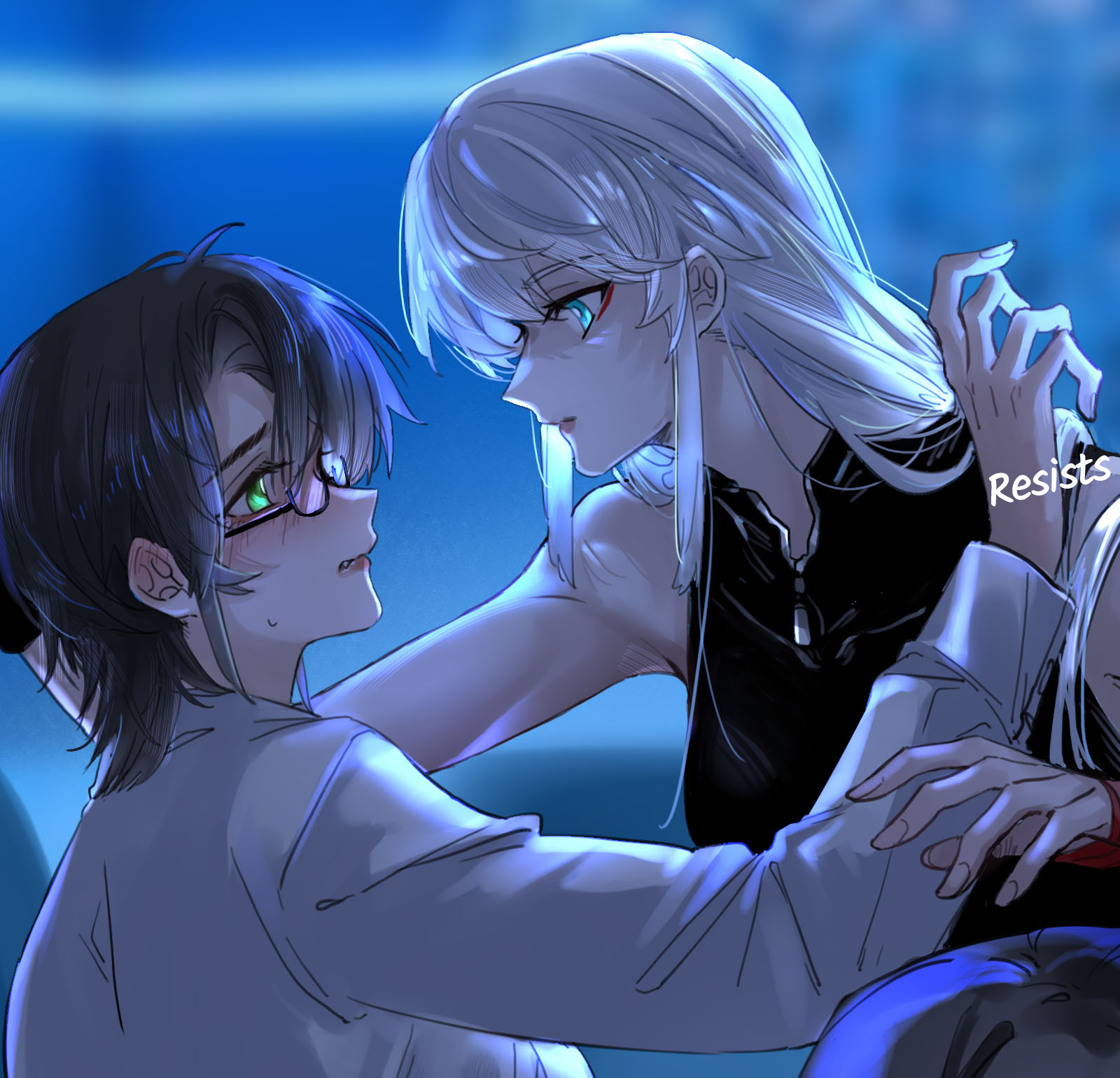Two women face one another in blue light, one reaching toward the other.