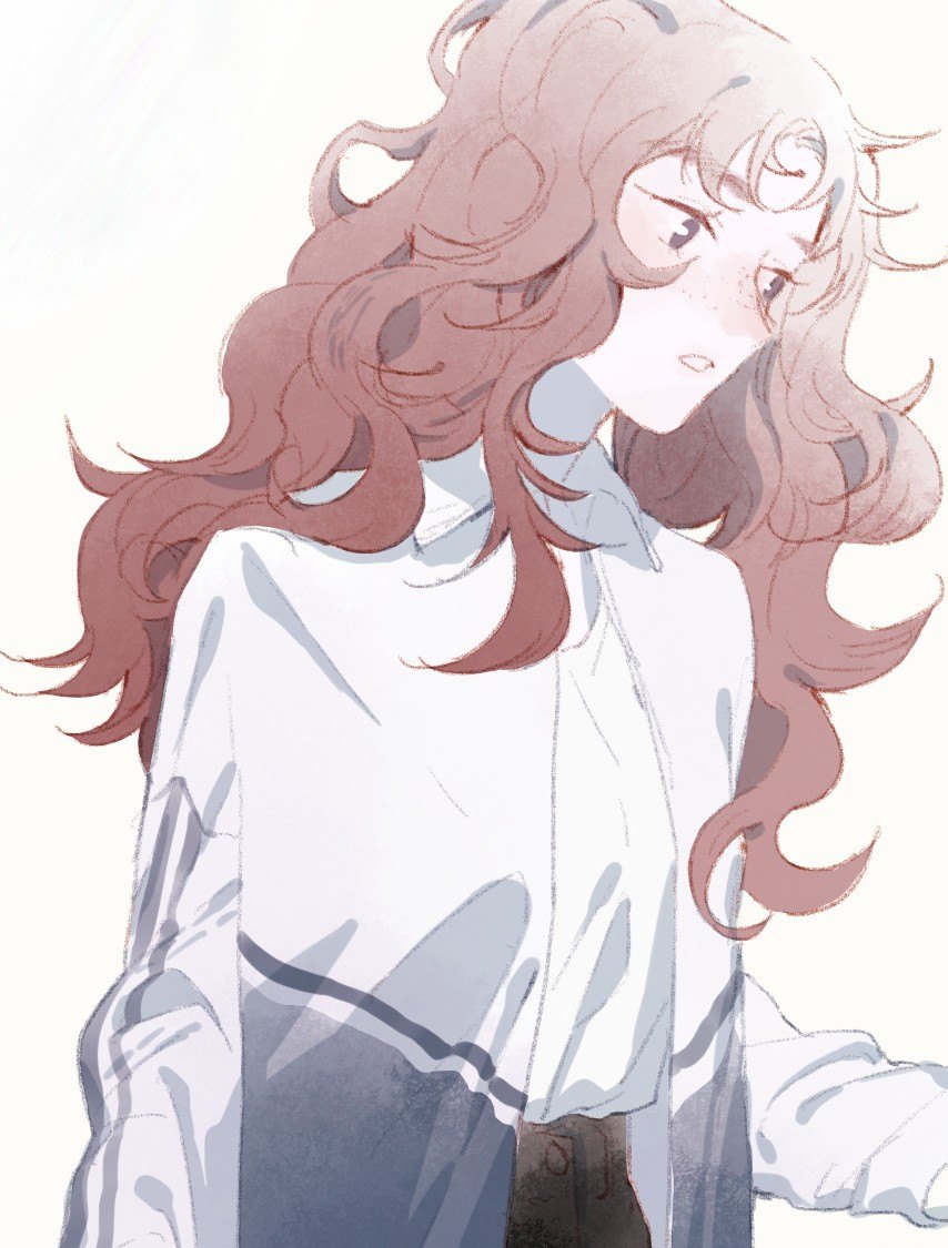 Tang Guan, red curls loose, in a white school shirt