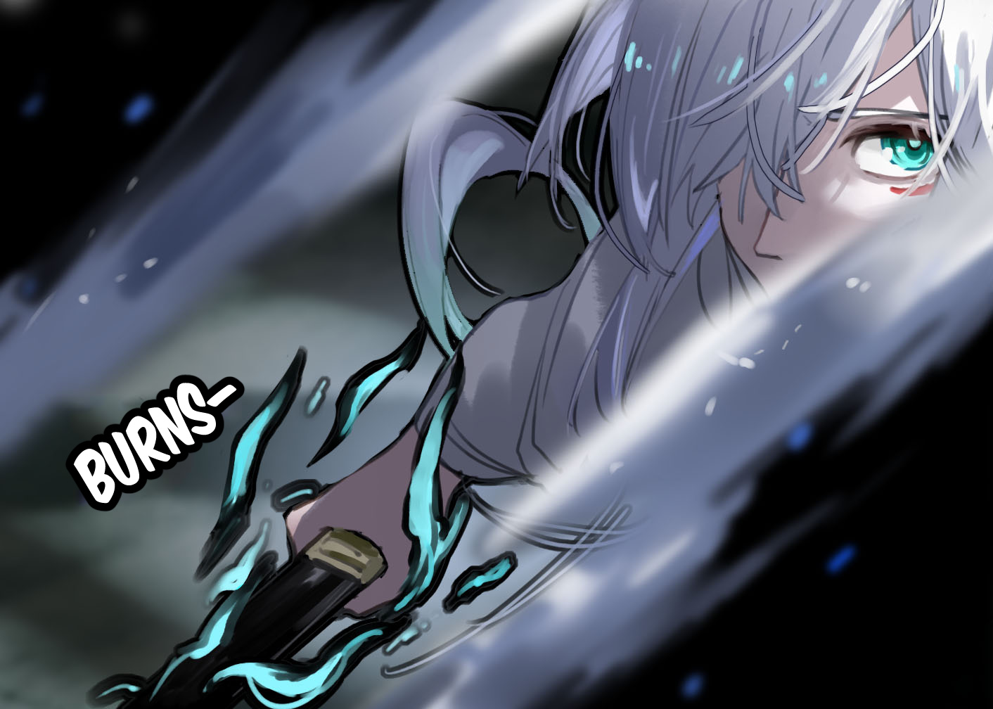 A white-haired cultivator grips a sword as blue energy flares around her arm.