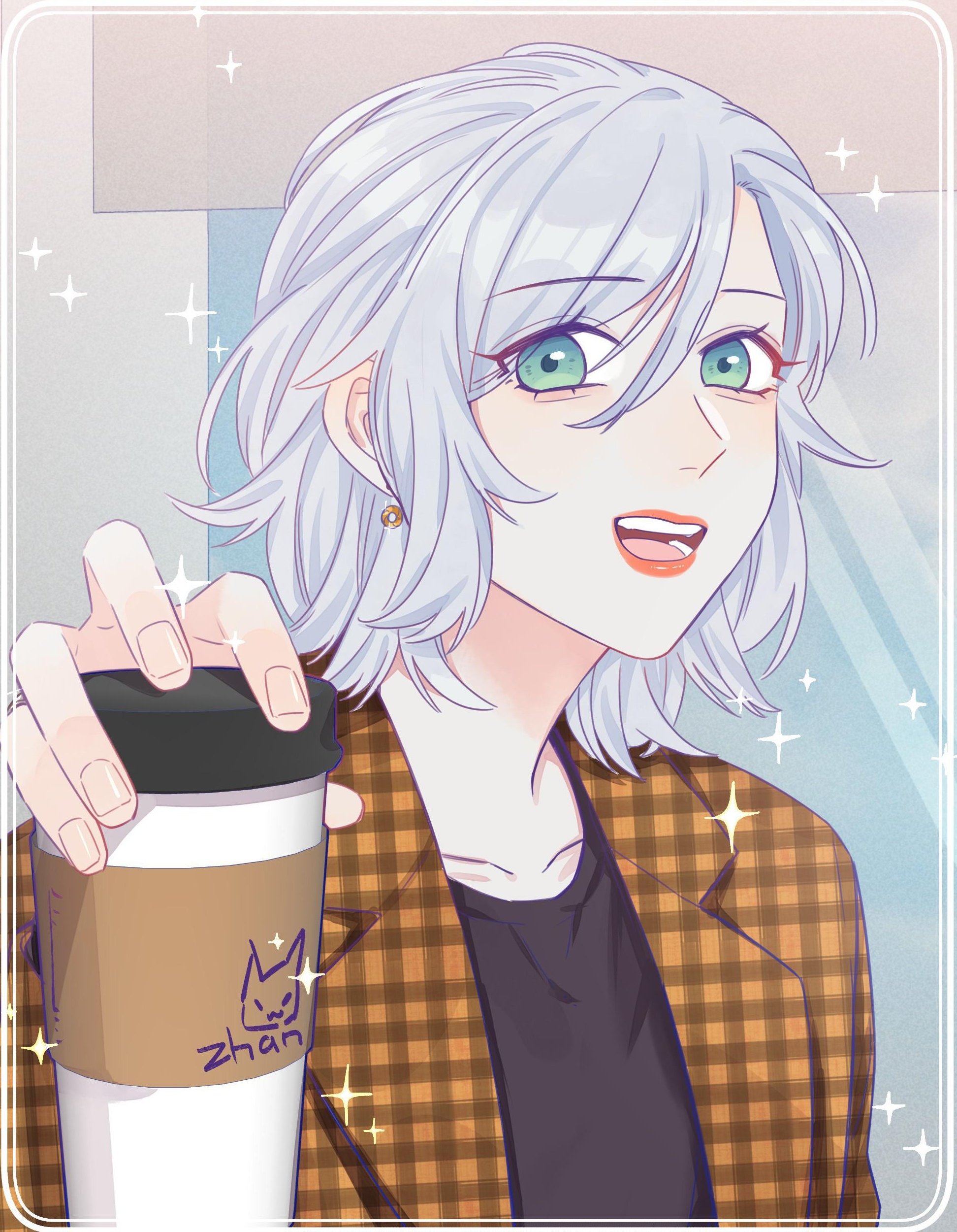 Zhou Yuanyou smiling and holding out a coffee cup in a Straight Girl Trap panel.
