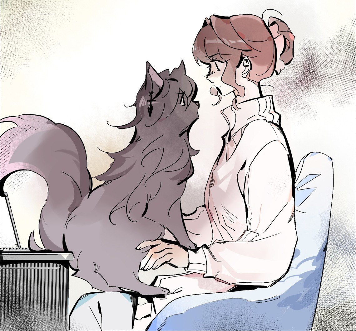 Qiang-yi at her desk, face to face with the grey cat on her lap