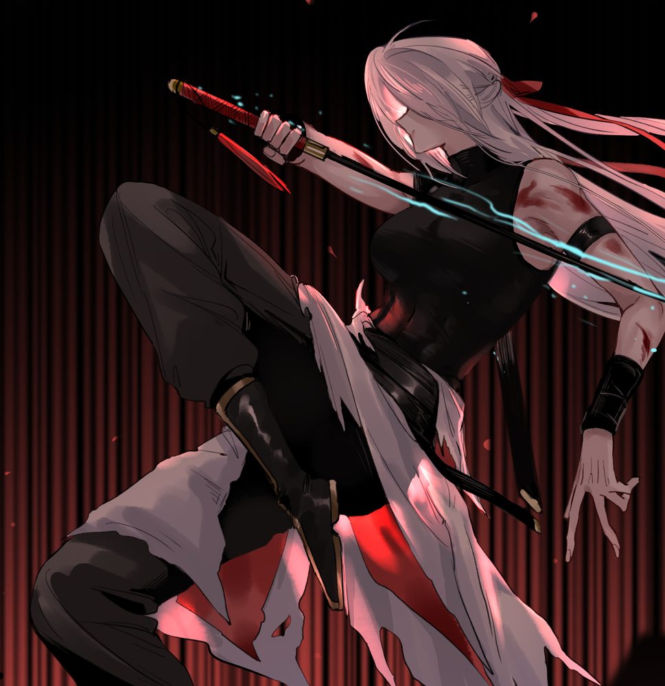 Ji Linxue leaps with her sabre against a red backdrop